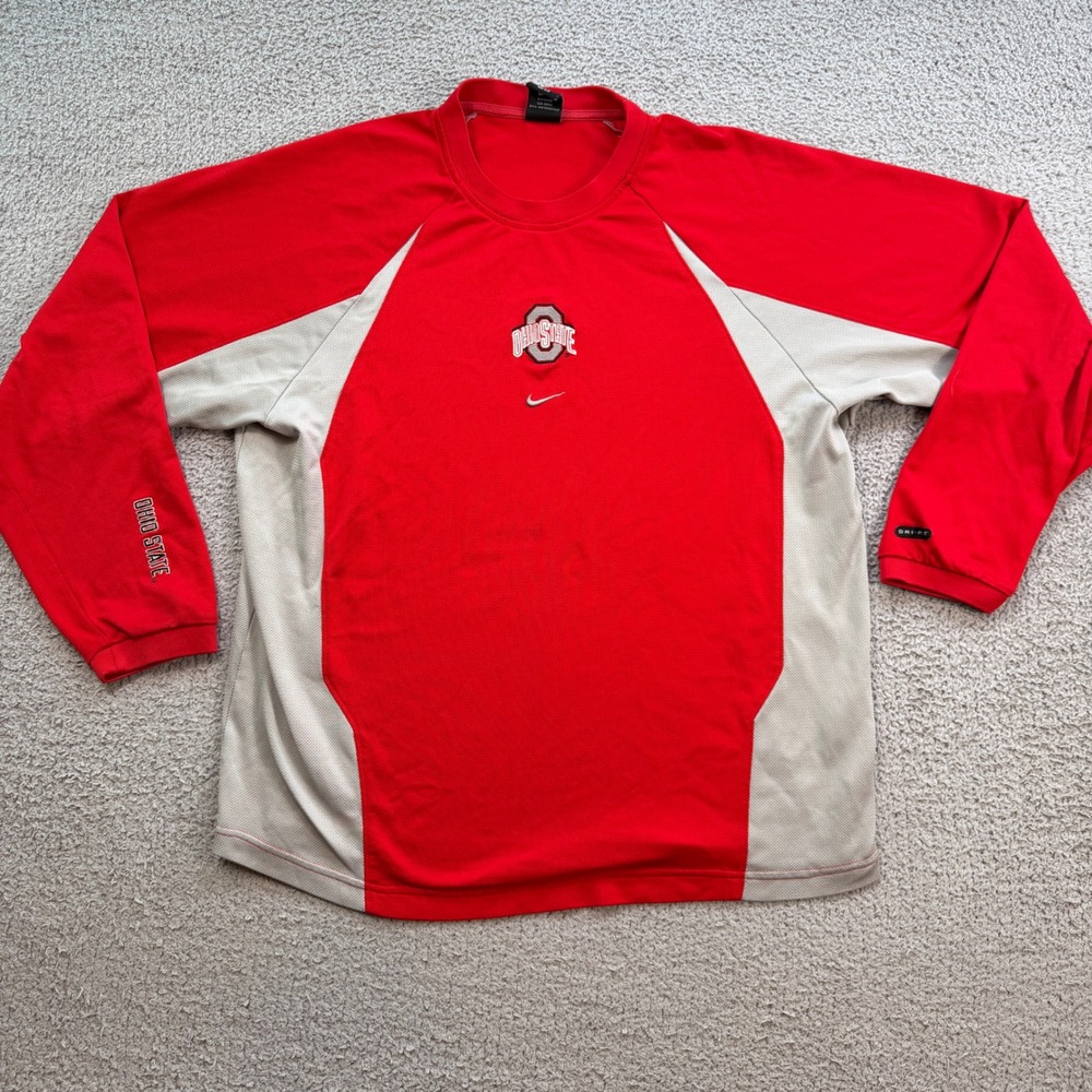 Vintage Nike Team Ohio State Buckeyes Dri-FIT Long Sleeve Shirt Red Grey Mens L